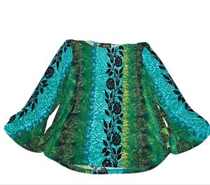 Bob Mackie Wearable Art Green Floral Black Roses Blouse Bell Sleeve Top L Y2K